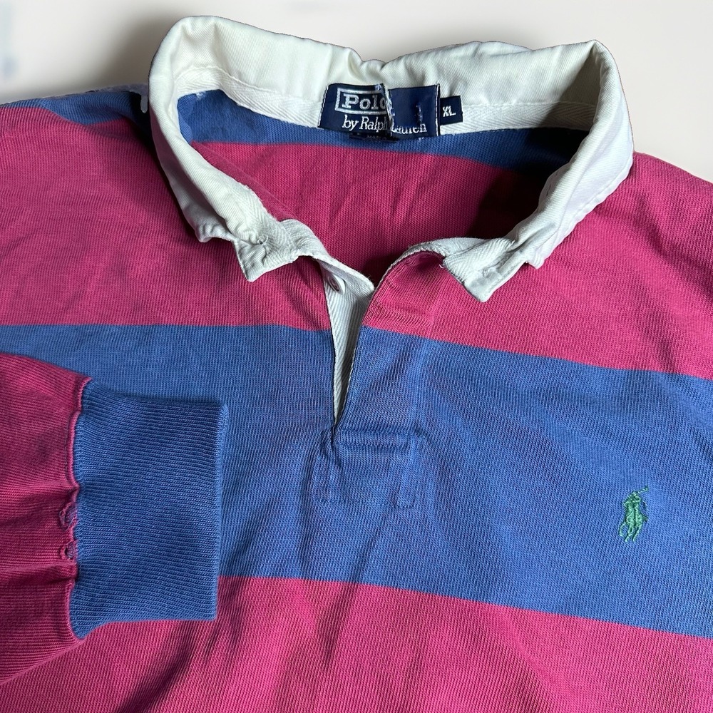 Vintage 90s Polo Ralph Lauren Rugby Shirt Mens XL Red Blue Striped Heavy Cotton